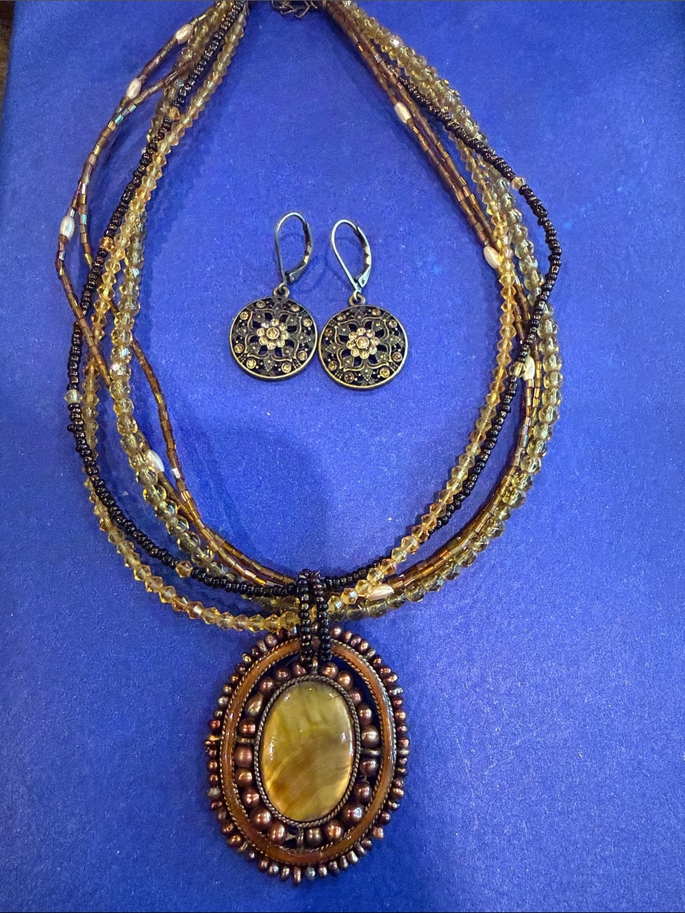 Handcrafted Brown Stone Donut Pendant Multi-Strand Bead Necklace and earrings